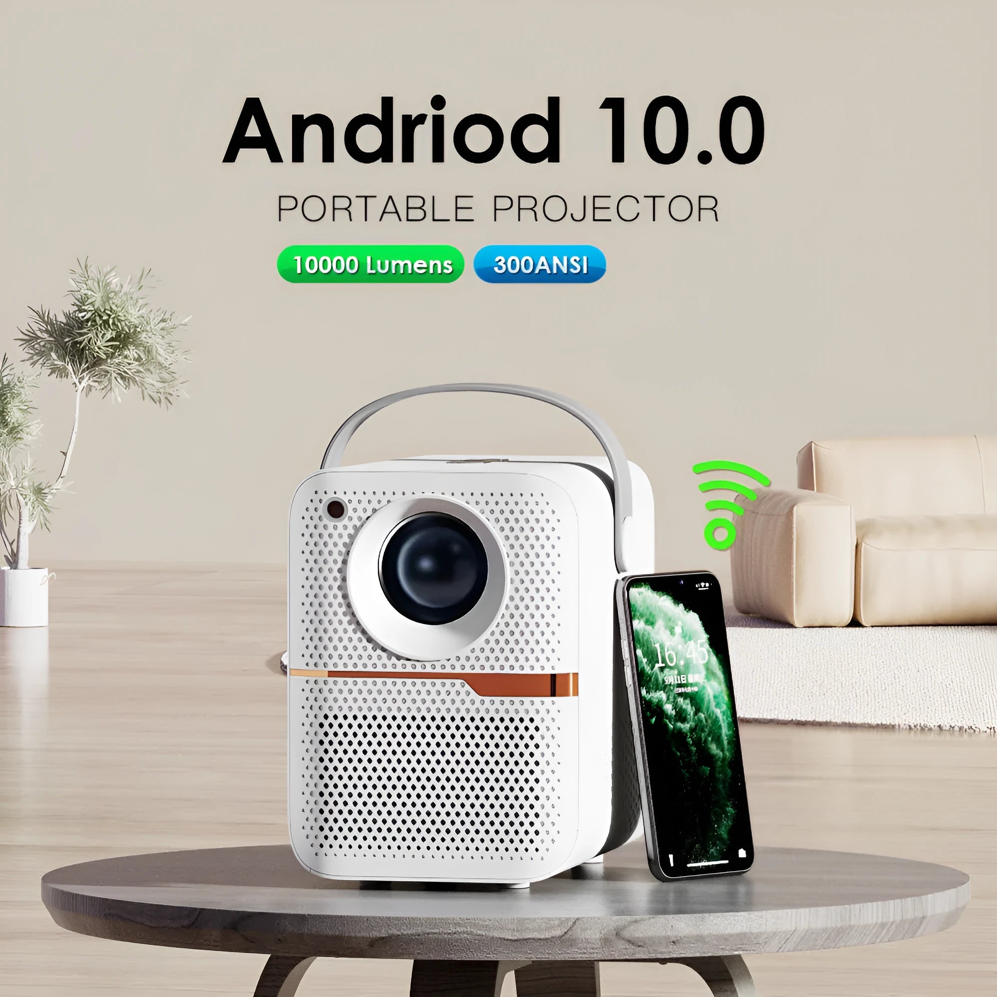 P10 2023 mini portable LCD projector in black with Android system, 720p resolution and 400 lumens