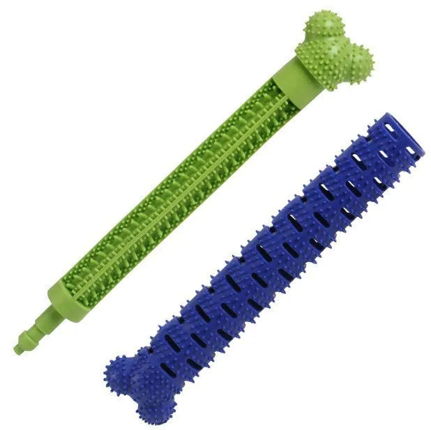 Blue-green silicone dog dental cleaning stick with textured surface and inner bristle core