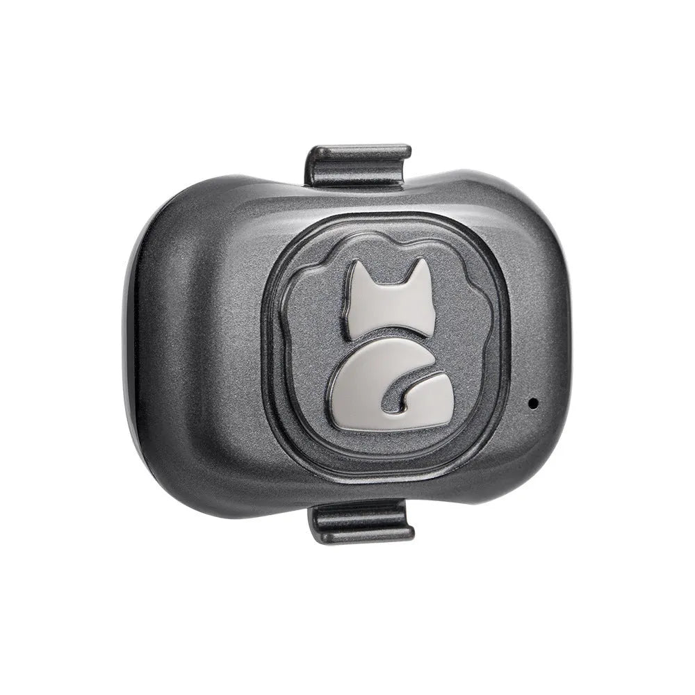 Black pet GPS locator device with hanging rope for attachment to dog or cat collars