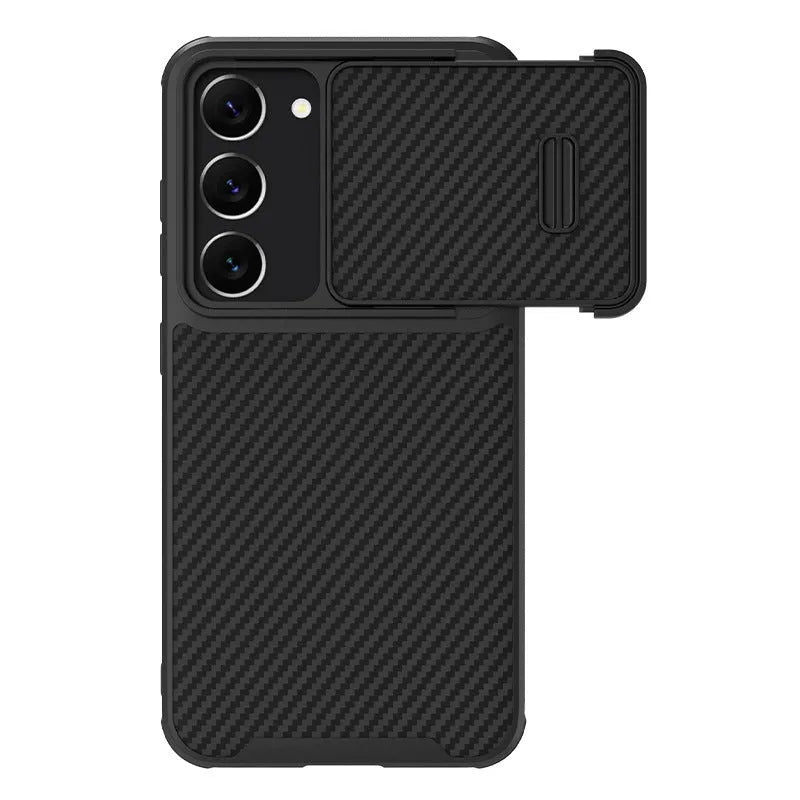 Black Samsung S23 Ultra mobile phone case with a built-in lens push cover, showing TPU and carbon fibre texture.