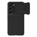 Black Samsung S23 Ultra mobile phone case with a built-in lens push cover, showing TPU and carbon fibre texture.
