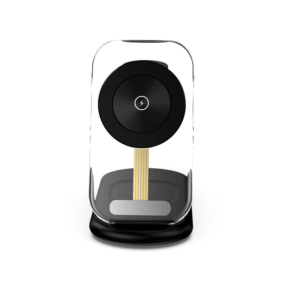 Transparent folding three-in-one magnetic wireless charger showing internal electronic components