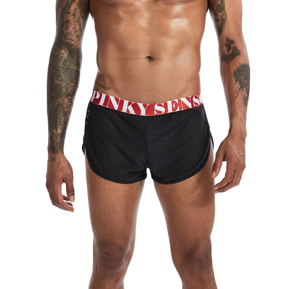 Mesh solid colour breathable men's boxer briefs in black, nylon fabric, mid waist