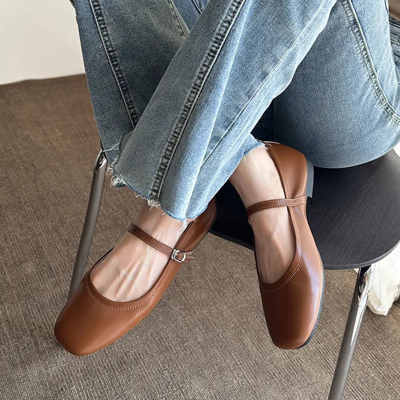 Women's Mary Jane flat pumps with sheepskin upper, low heel, round toe, in black, brown, white