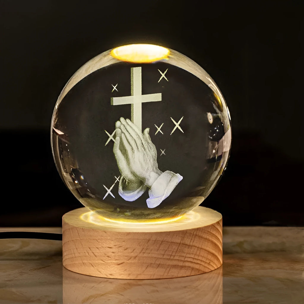 White crystal ball decorative lamp with solid wood base and religious purity symbols