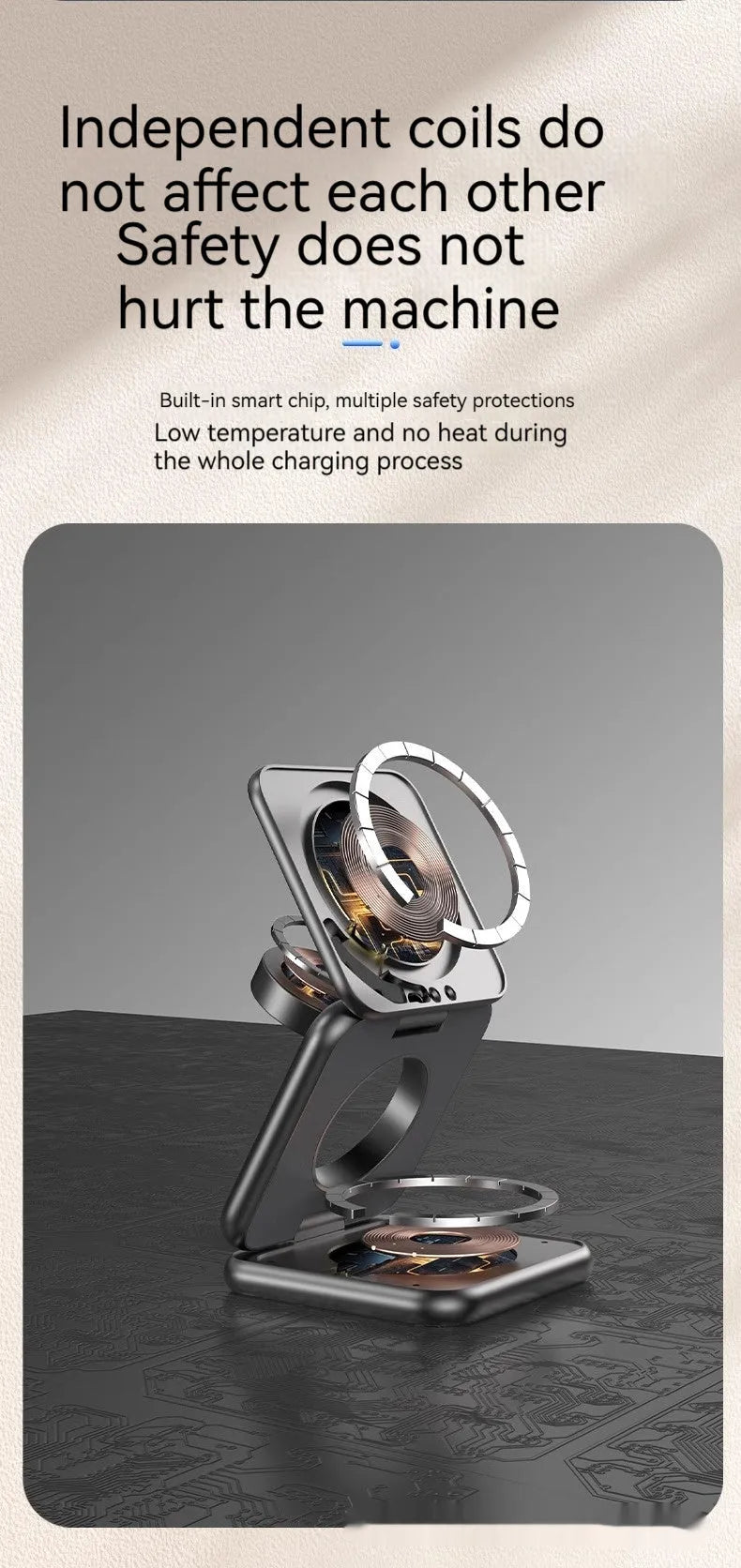 Foldable magnetic wireless charger phone holder in black with QC3.0 fast charging 15W output