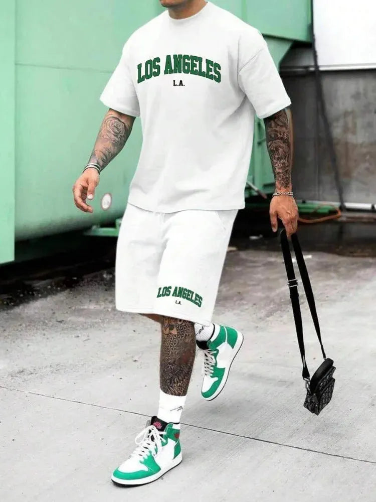 Men's short sleeve top and shorts set with 3D printed letter designs in multiple colour options.
