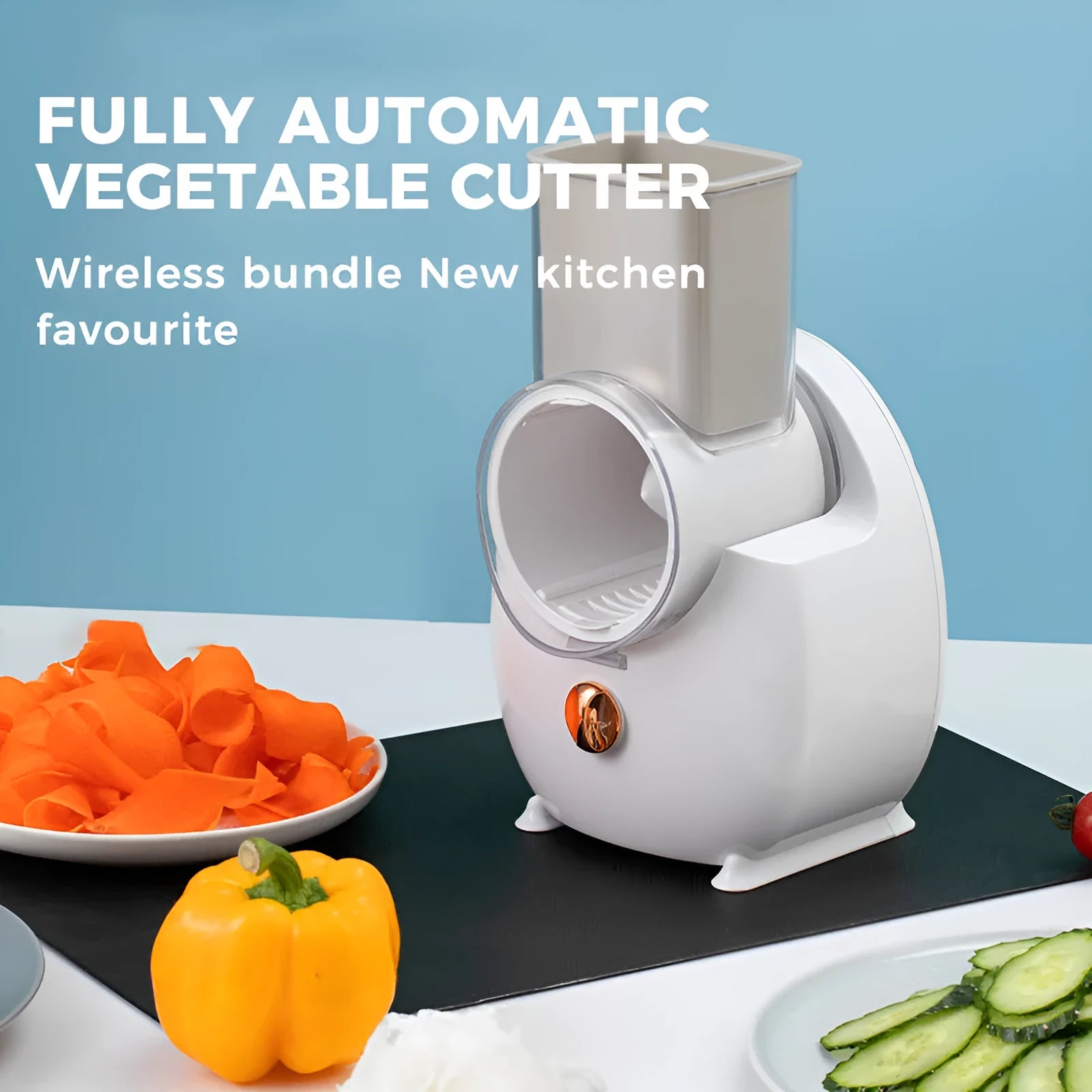 Electric vegetable slicer with suction base in white, showing feeding port and pressing rod