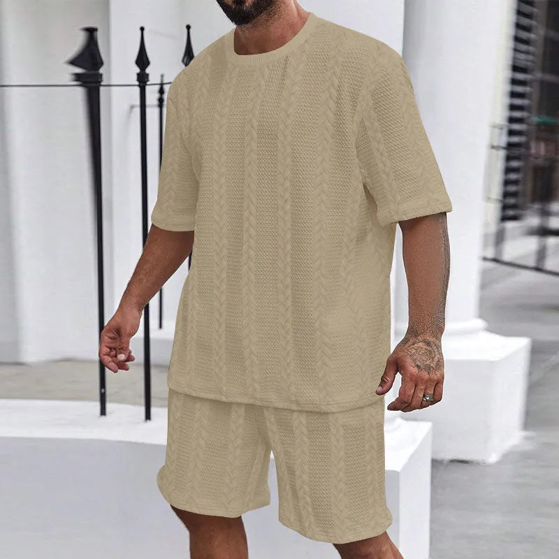 Knitted solid colour jacquard round neck short sleeve pullover top with matching shorts set in white, black, navy, khaki, light gray, polyester, sizes S-XXXL