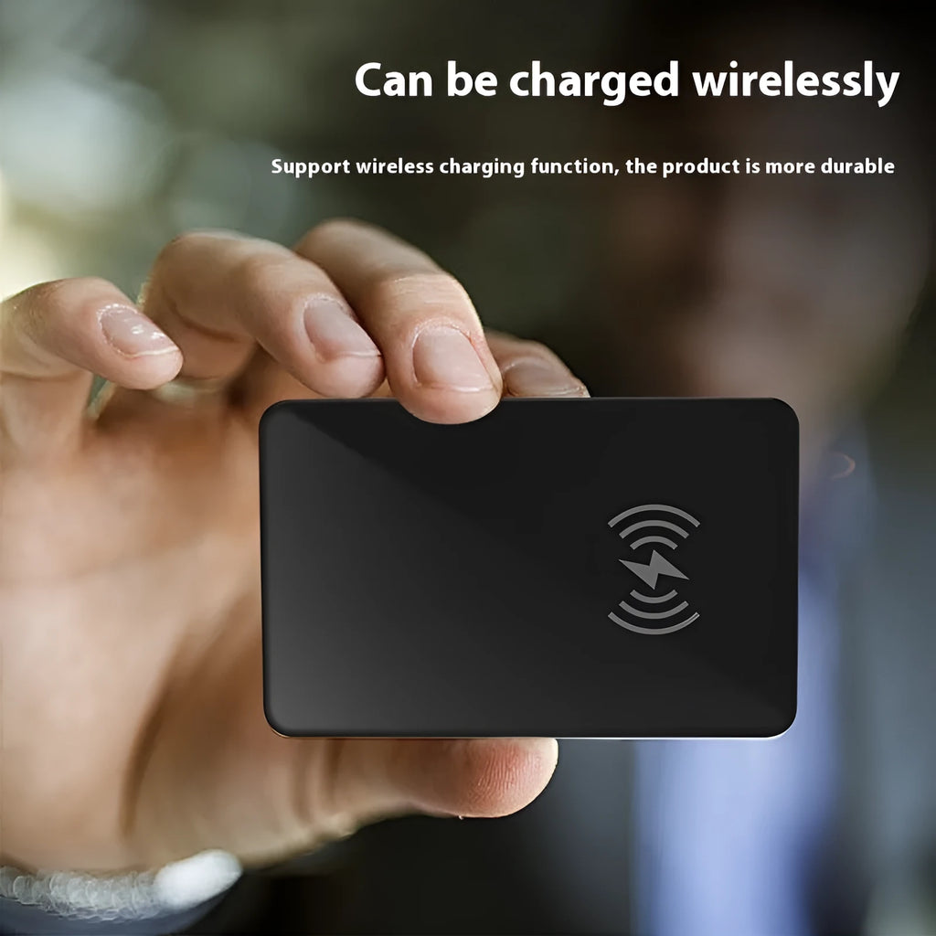 Black pet tracking locator card with wireless charging and NFC, constructed from ABS and glass, 85x54x2.1 mm