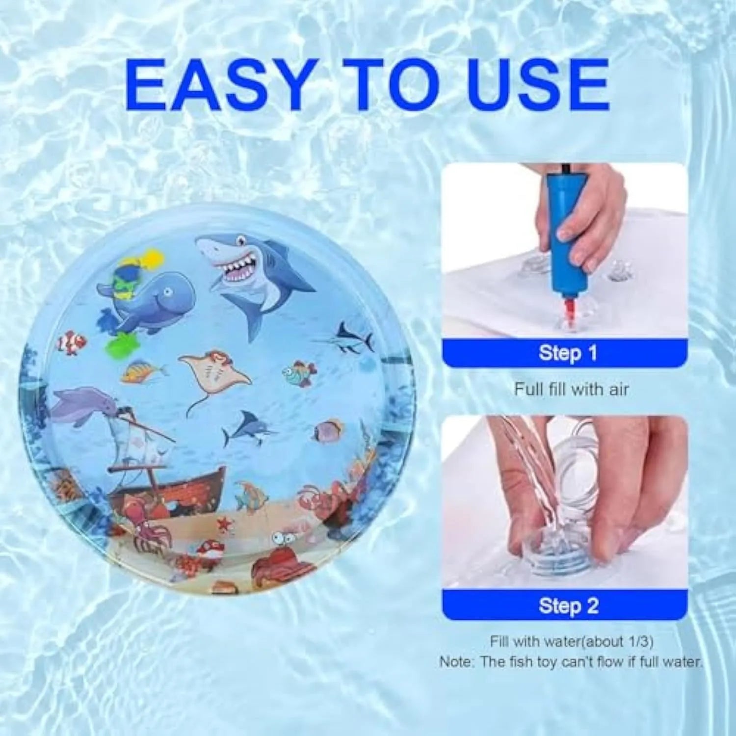 Blue round cat water mat with ocean fish floating toys and inflator, 90cm diameter