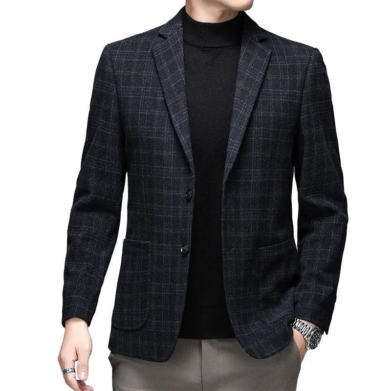 Men's solid colour woolen casual jacket with loose fit and round hem in winter styling