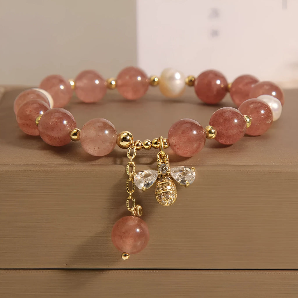 Women's freshwater pearl and strawberry quartz bracelet with zircon accents and adjustable closure