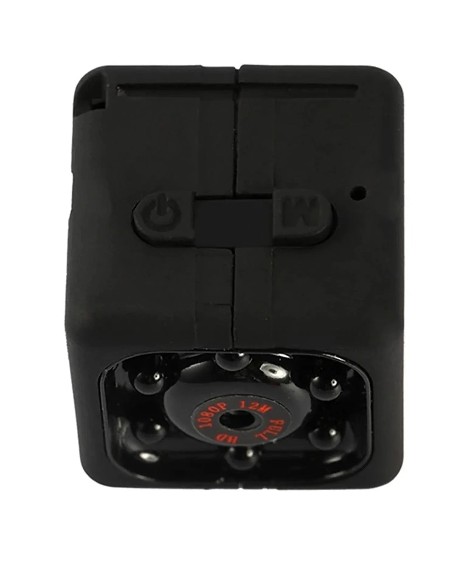Mini 1080P Full HD night vision camera in black with infrared LEDs and motion detection