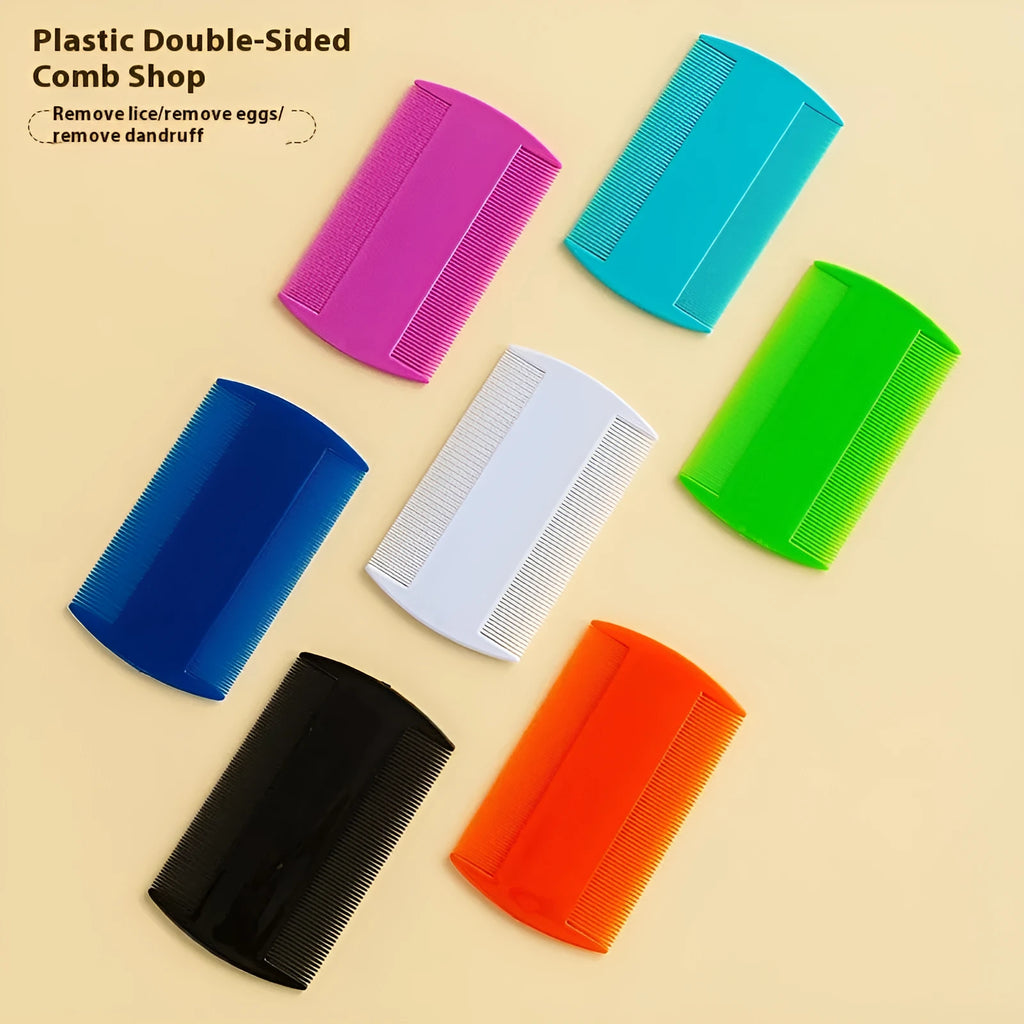 Double-edged fine-toothed plastic flea and lice comb in multiple colours on white background
