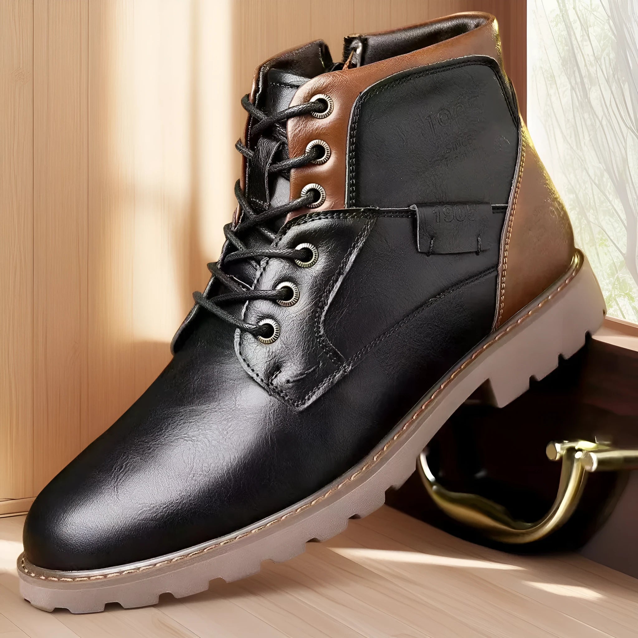Men's black martin ankle boots with side zip, round toe, and rubber sole on a neutral background