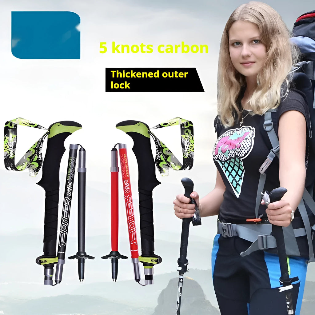 Carbon fibre folding climbing cane with five sections, tungsten steel tip, and EVA handle in red and matte black options