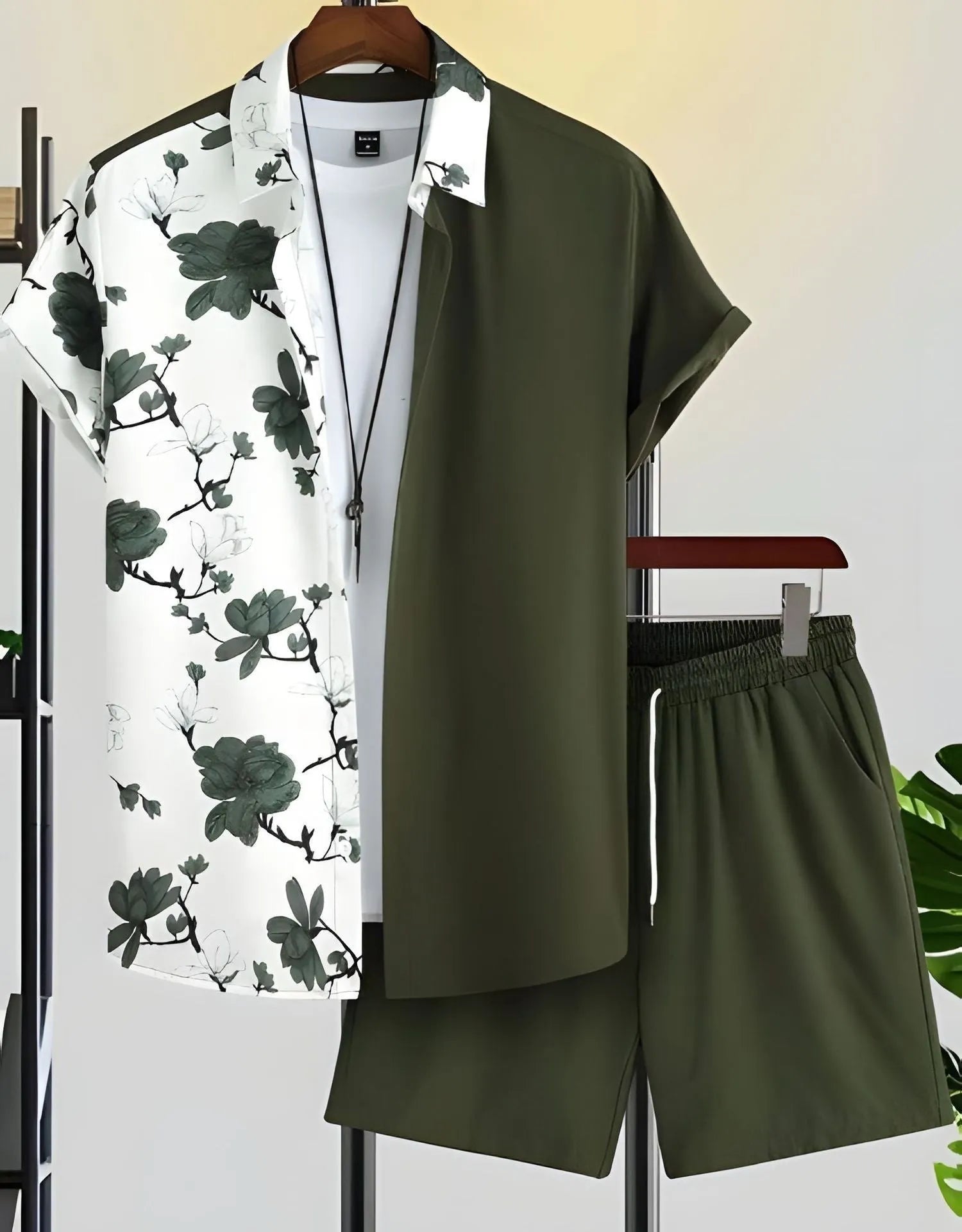 Men's beach style short sleeve shirt and shorts suit in polyester, available in multiple colours