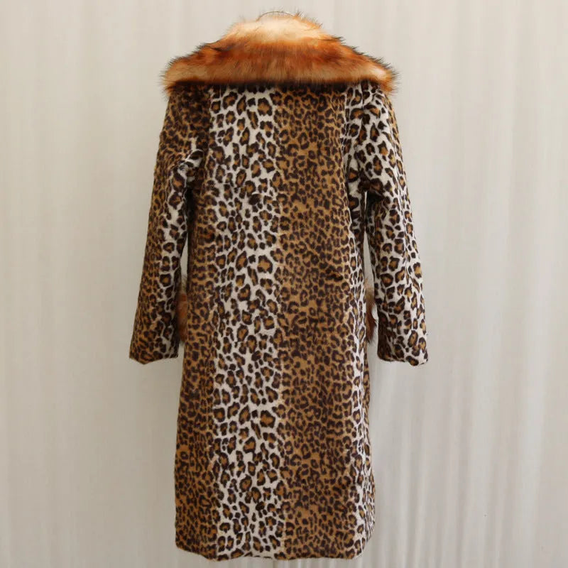 Women's long leopard print artificial fur jacket with regular sleeves, 80cm length