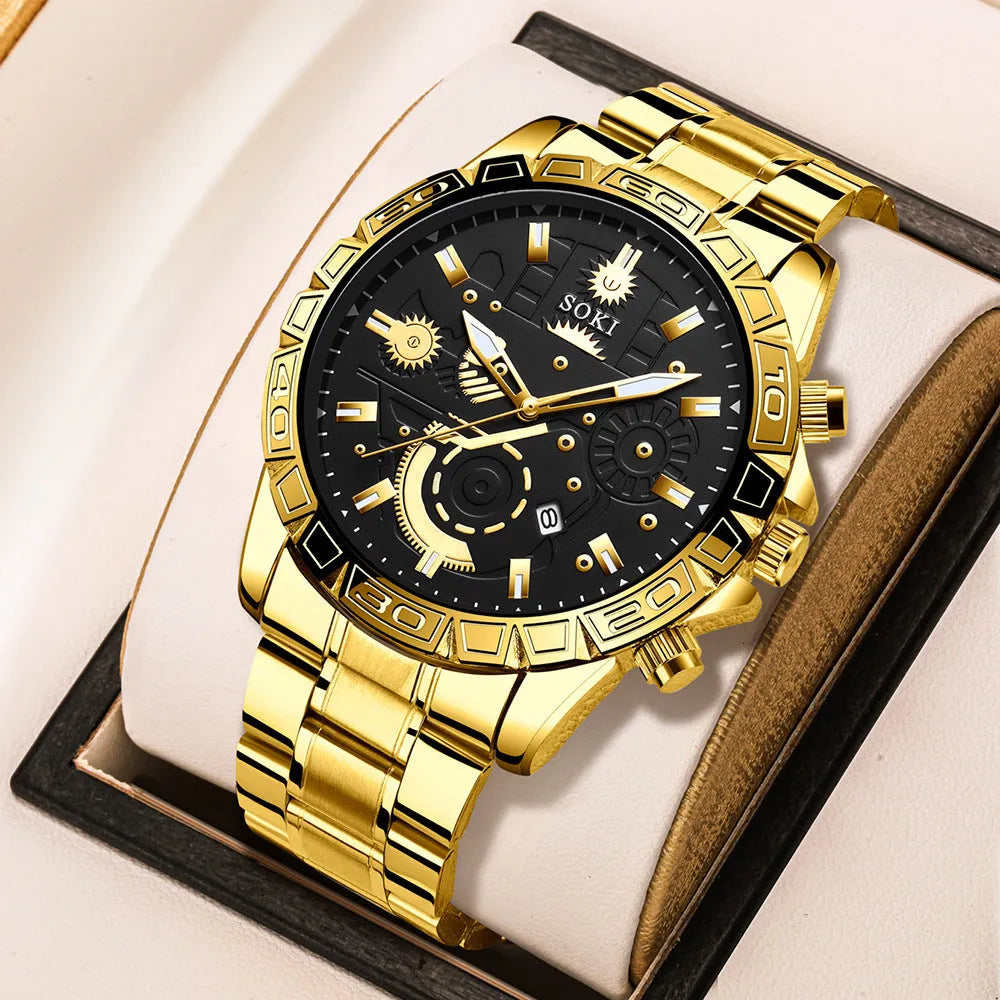 Gold men's business quartz watch with stainless steel bracelet and calendar display