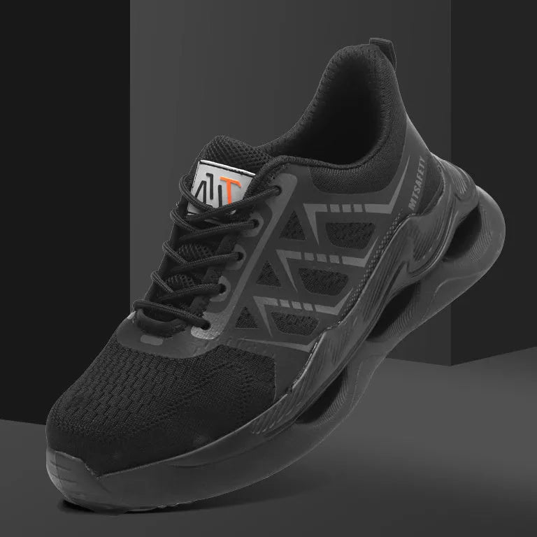 Black lightweight breathable steel toe cap safety shoes with flat knit upper and rubber outsole