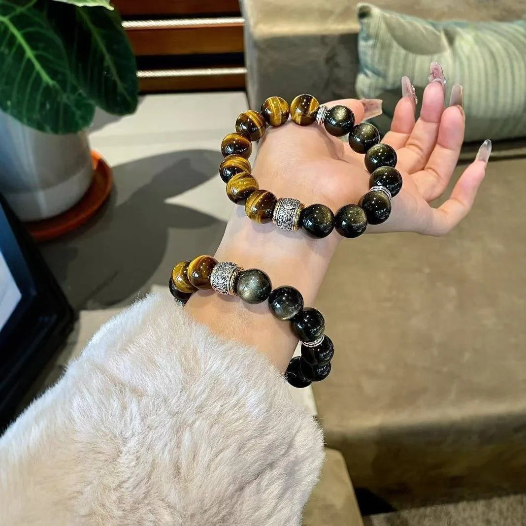 Women's tigereye silver stone double bracelet with gold inlay and U-shaped totem design