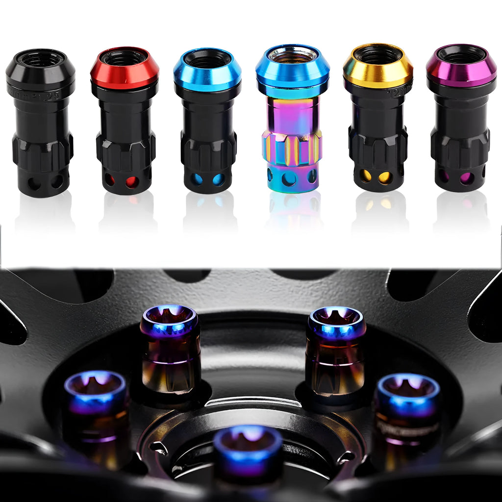 Set of aluminium alloy flat head wheel nuts in various colours including black, blue, gold, red, and purple.