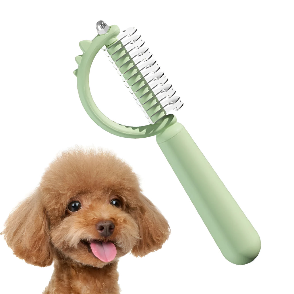 Blue dinosaur-shaped self-cleaning cat brush with stainless steel bristles on a white background