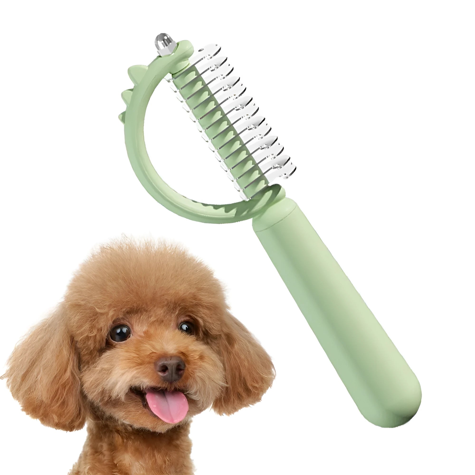 Blue dinosaur-shaped self-cleaning cat brush with stainless steel bristles on a white background