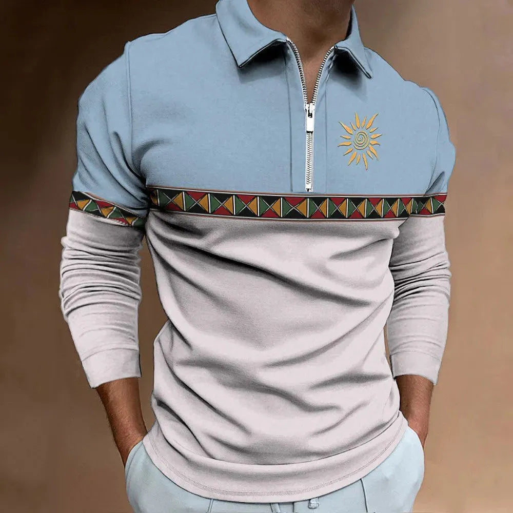 Men's loose-fit long sleeve polo shirt with retro colour printing and striped pattern.