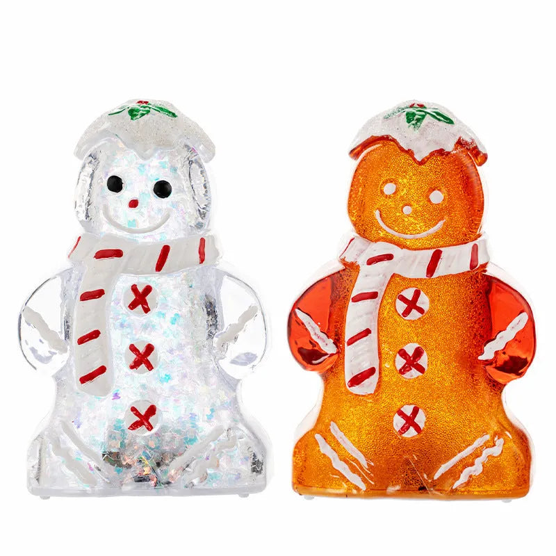 Glowing LED gingerbread man snowman Christmas ornament with a red scarf, measuring 6.5cm by 4cm by 10.5cm.