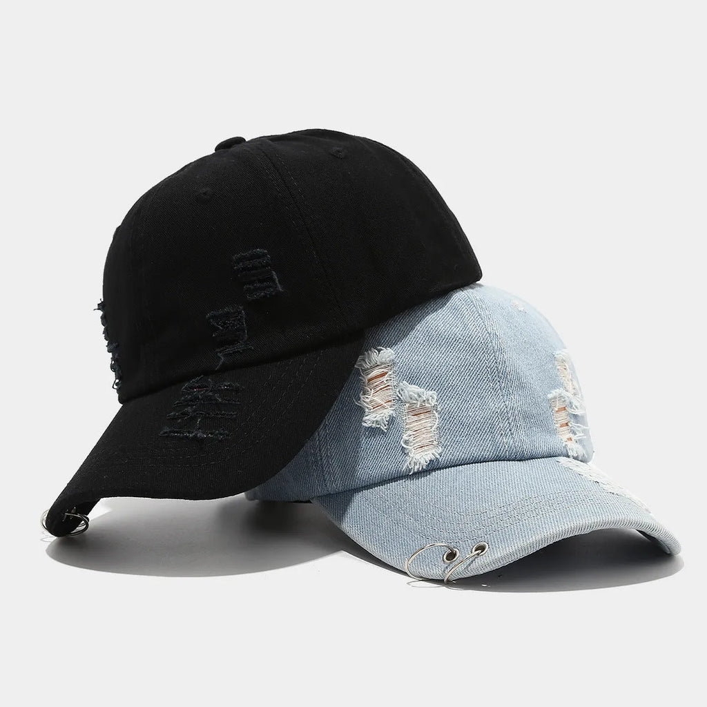 Men's cotton denim peaked cap in black with adjustable strap and dome crown for street style sunshade.