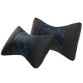 Quilted diamond pattern car neck pillow in black artificial leather with blue piping.