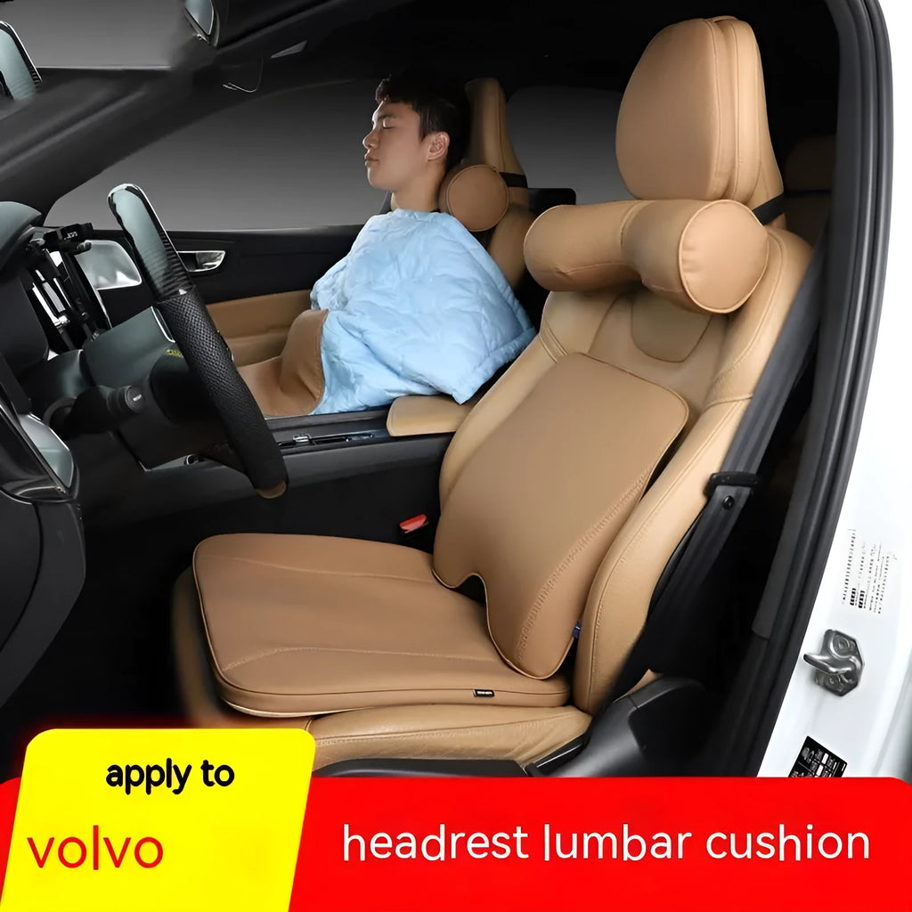 Volvo car headrest pillow and lumbar support cushion set in minimalist design.