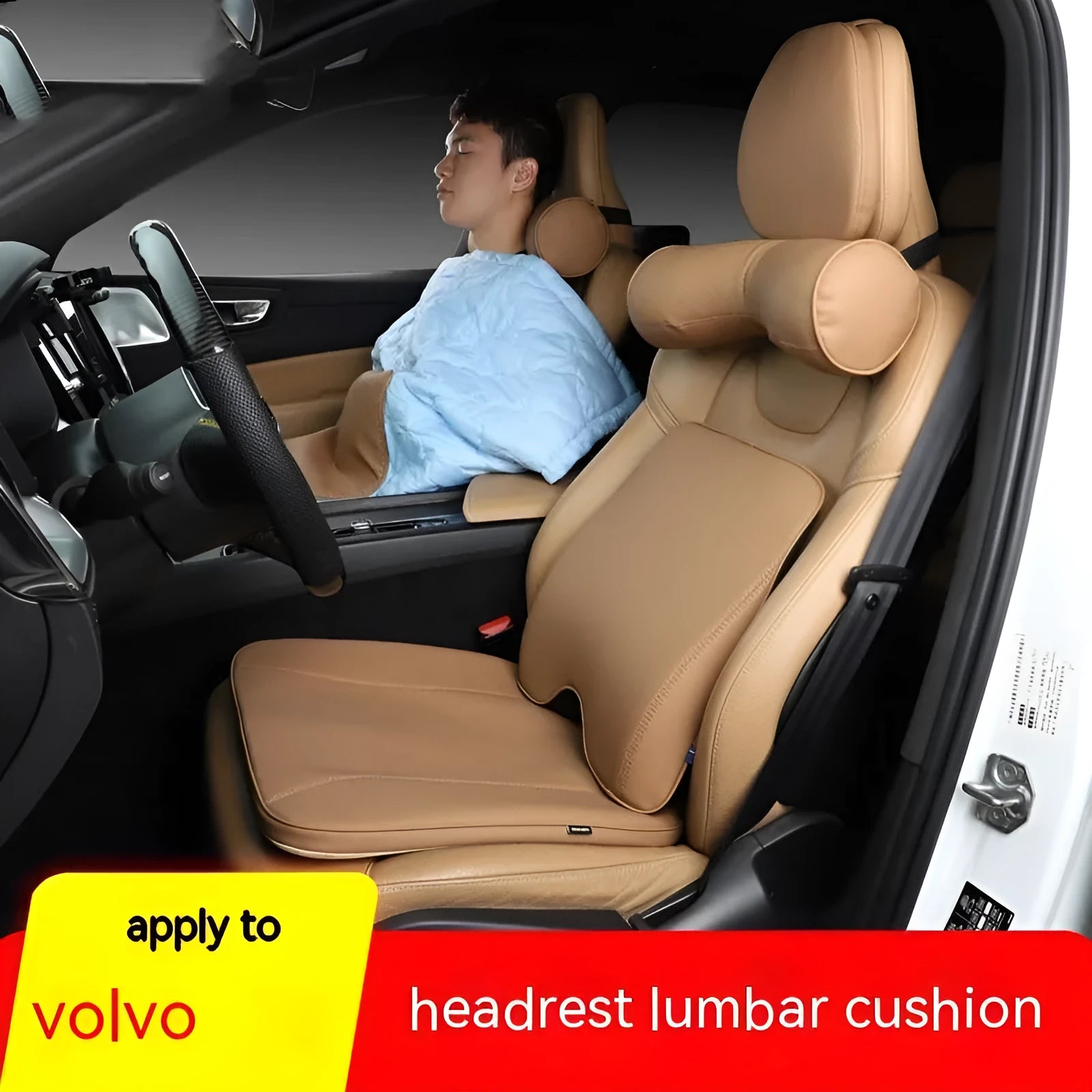 Volvo car headrest pillow and lumbar support cushion set in minimalist design.