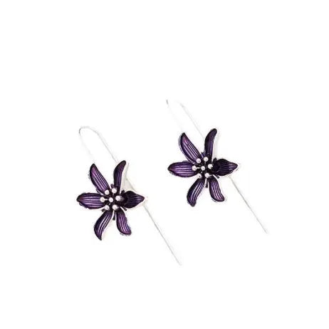 Purple flower-shaped alloy earrings with electroplated finish measuring 3cm in length