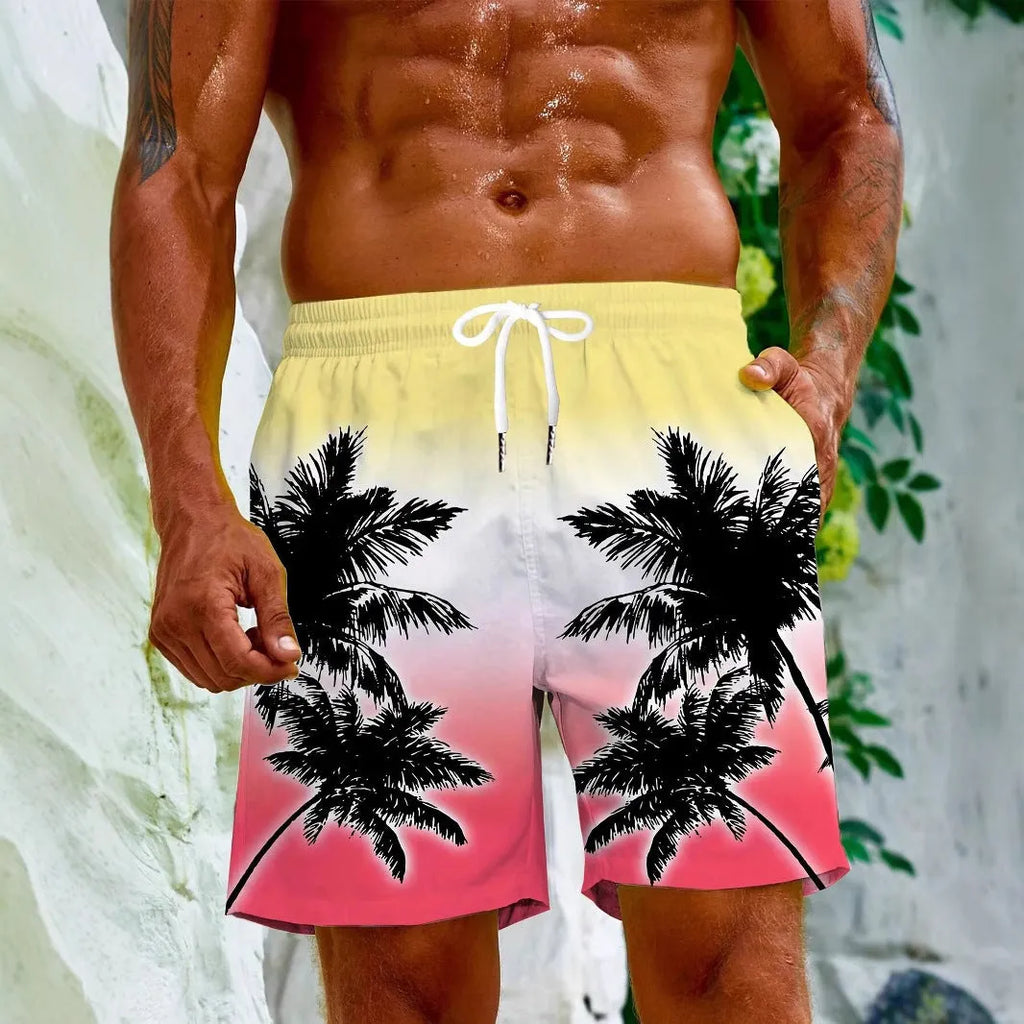 Men's quick-dry 3D print polyester swimming trunks in a vacation setting, multiple colour and size options