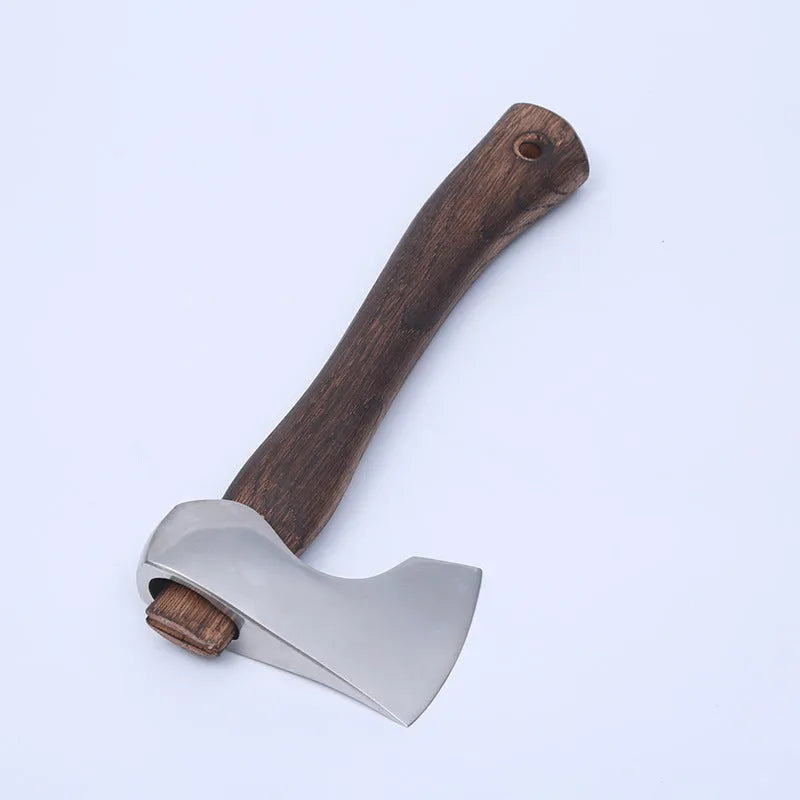 Camping axe with high carbon steel blade and wooden handle showing 250mm length