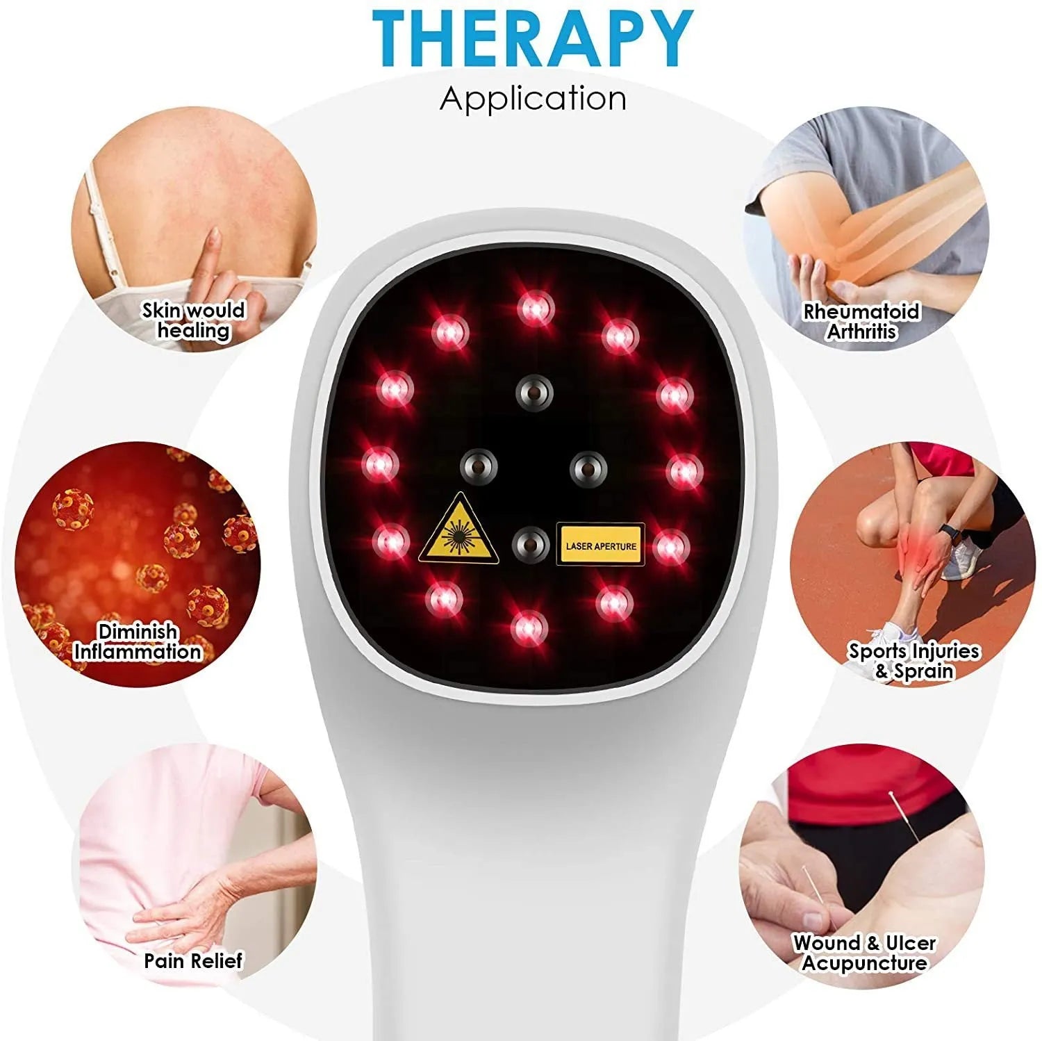 Hand-held red light therapy device in black and white with LED array, USB cable, and safety glasses on a surface