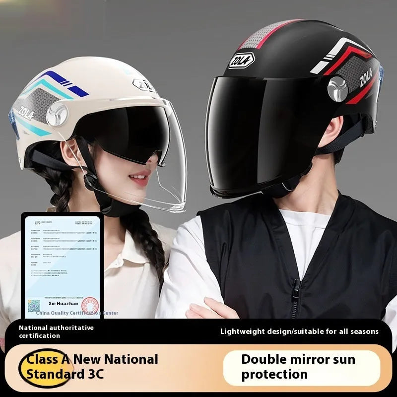 3C-certified motorcycle half helmet with ABS shell and dual mirrored visor in light brown colour option