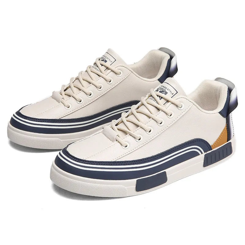 Men's beige and white/green canvas casual shoes with mesh sections and round toe