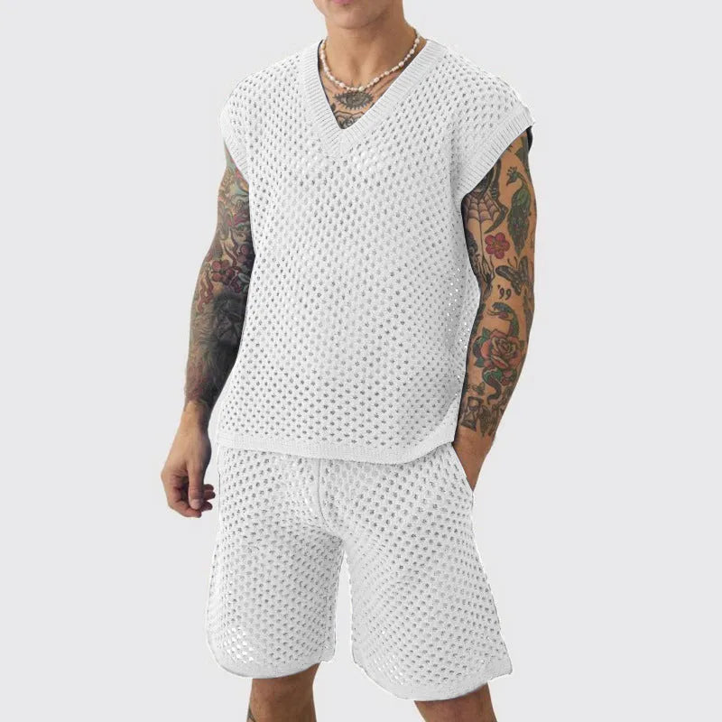 Men's blue V-neck sleeveless vest and matching shorts summer sports set on hanger