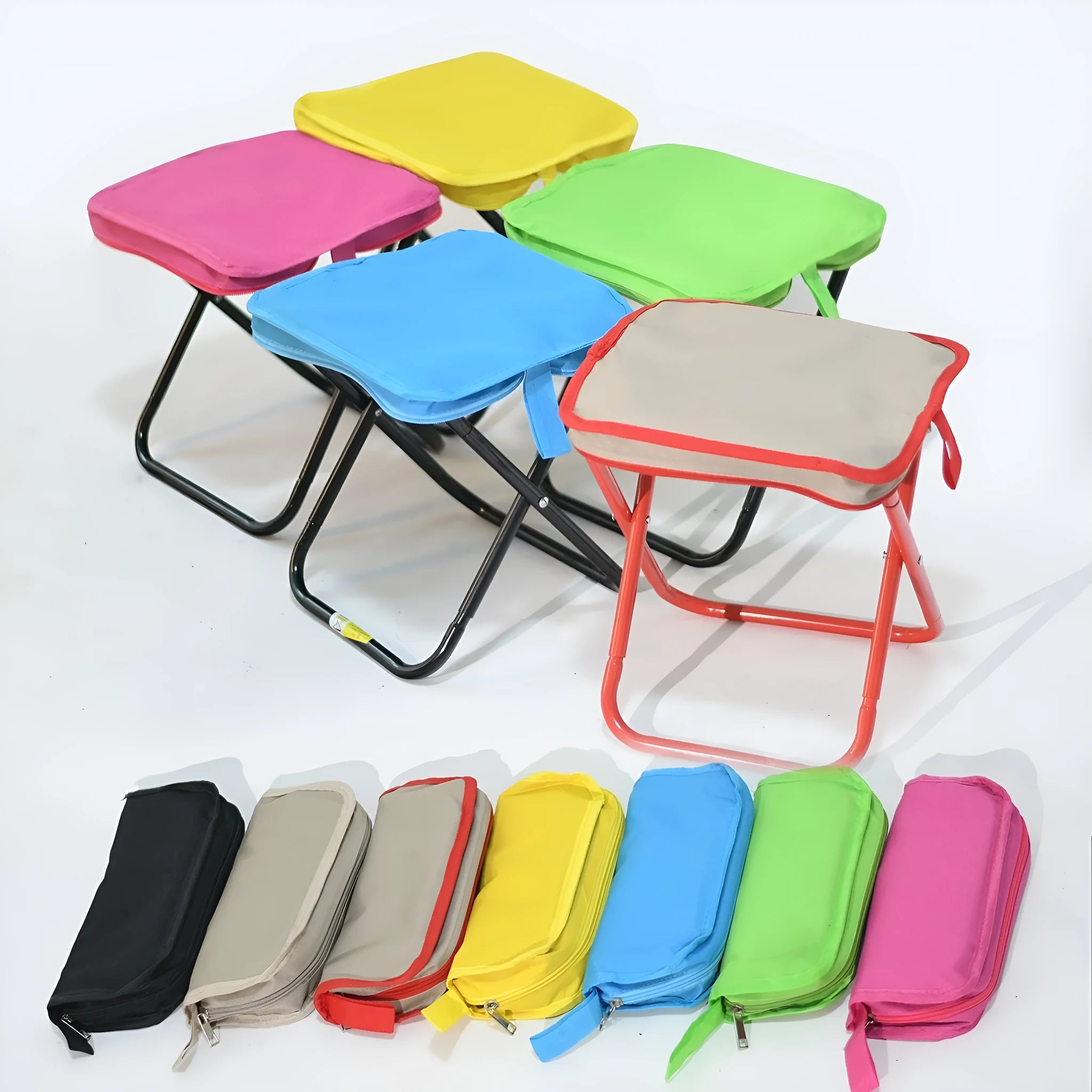 Outdoor foldable camp stool in Oxford cloth showing compact folded design