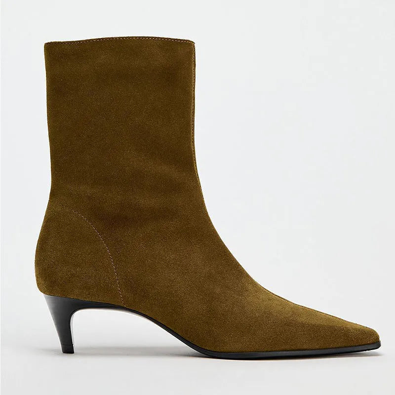 Brown square toe mid heel boots with side zipper and waterproof platform sole