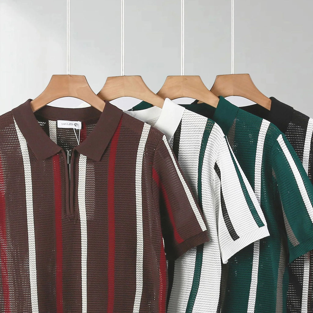 Hollow mesh short-sleeved knitting polo shirt in Ice Silk fabric, loose fit, zipper decorations, summer casual