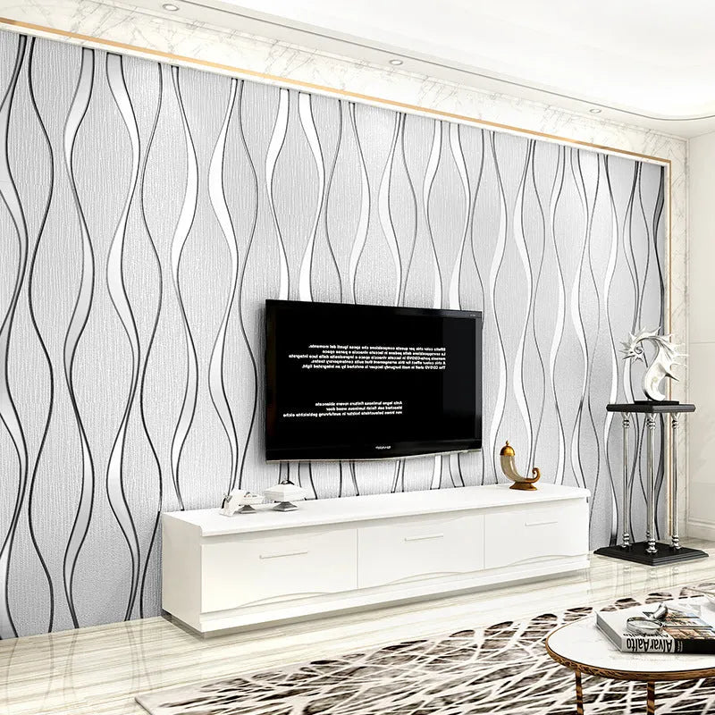 Curve stripe textured 3D wallpaper sample showing velvet surface in light grey colour
