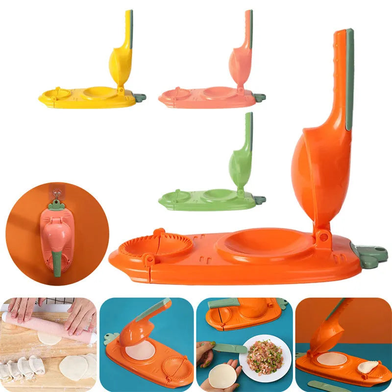 2-in-1 dumpling skin press tool in orange, made of food-grade plastic, with ergonomic handle and hanging hole