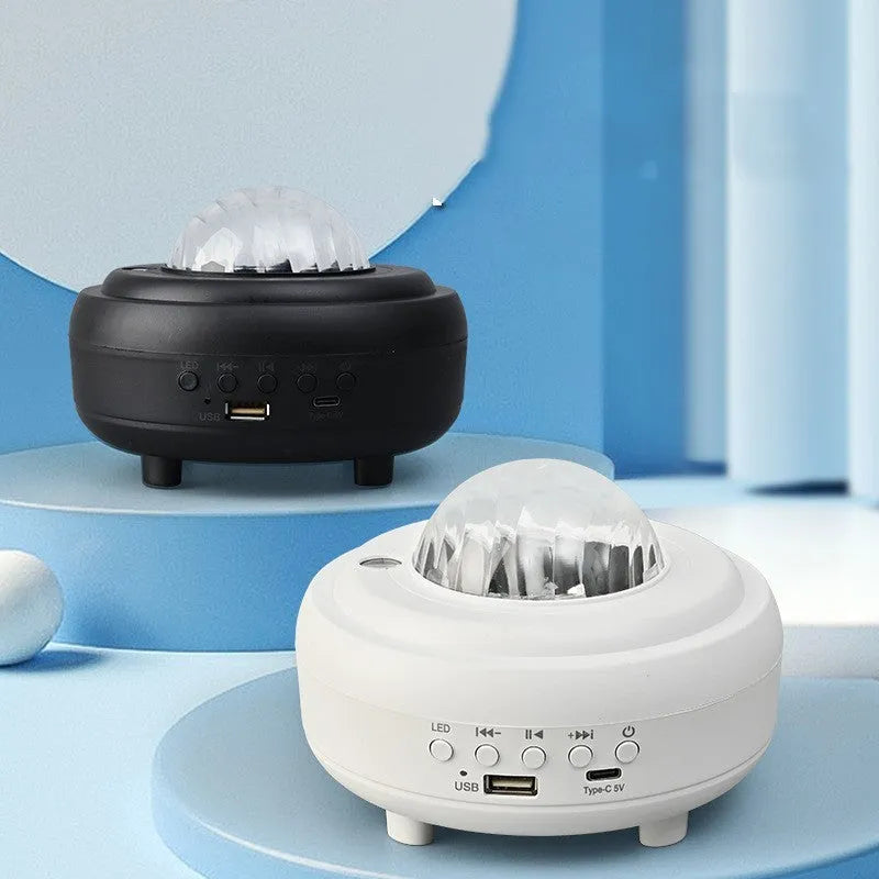 Galaxy star projector night light showing starry sky effects with 7 light patterns and a 5W speaker in white rechargeable finish