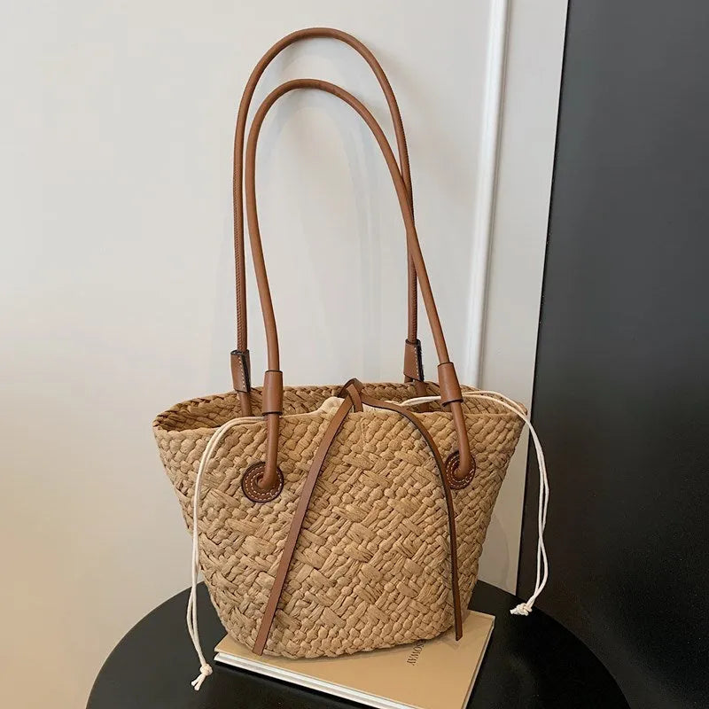 New large capacity woven bag in khaki, horizontal square shape, dual-use shoulder or hand carry, no lining