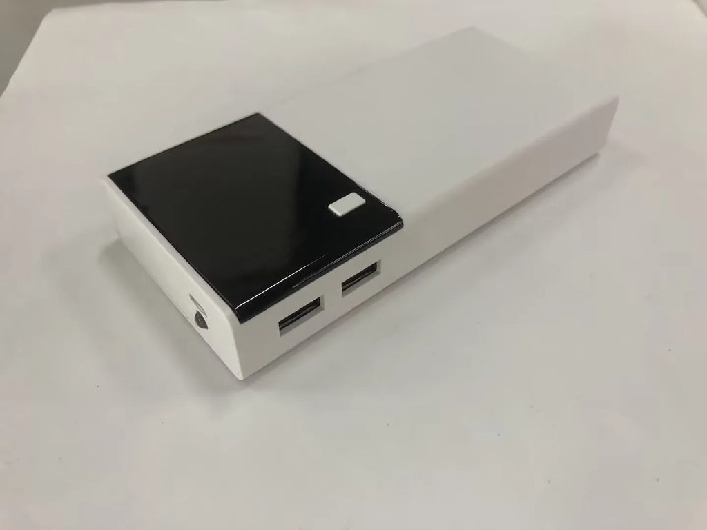 Black 20000mAh power bank with plastic casing showing dimensions of 135mm by 60mm by 20mm